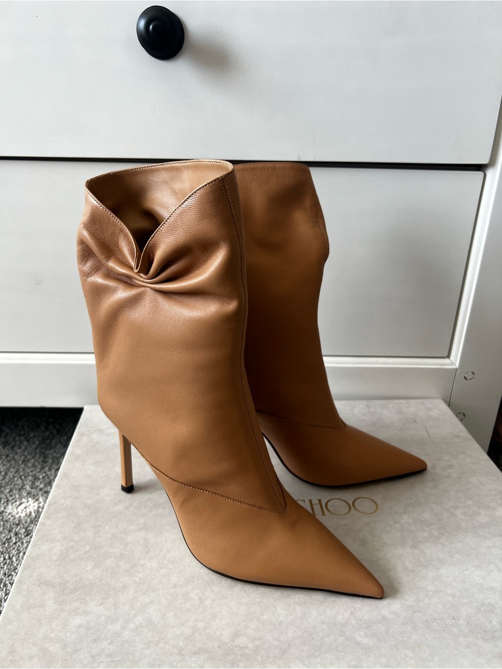Jimmy Choo Camel Tan Pointed-Toe Stiletto Ankle Boots